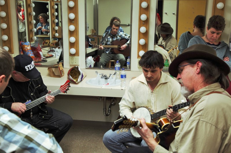 Warming up in the green room at Fairbanks Winter Folk Festival.