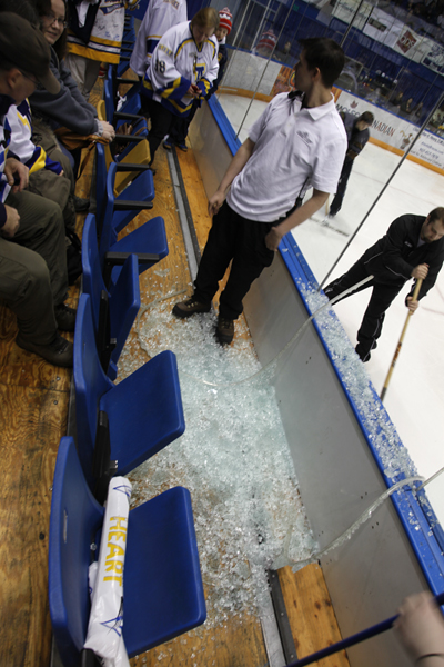 Broken glass created a lengthy game delay in the second period.