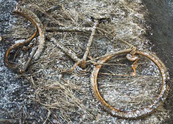 A beat-up, rusty bike lays along side a bike path in Fairbanks, Alaska.