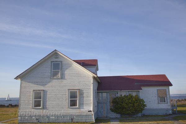 A sailboat passes behind a house where shrubs overgrow the front door. 