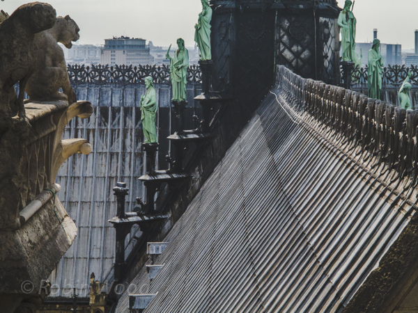 The roof of Notre Dame Cathedral and apostle statues, July 10, 2013. 