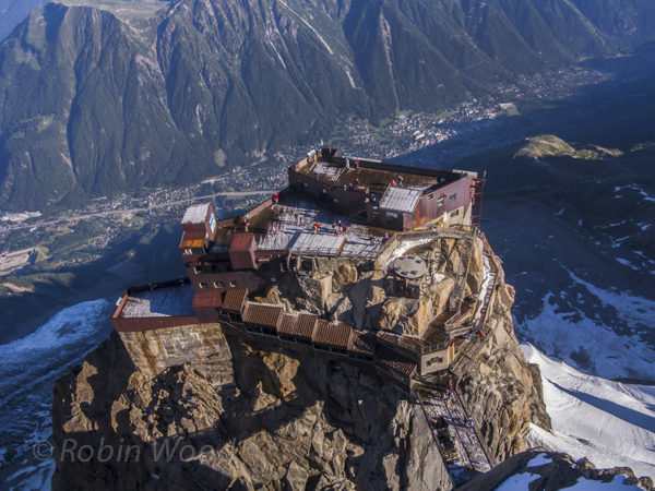 The first viewing platform seen from the highest point -  the town of Chamonix nearly invisible in the background. 