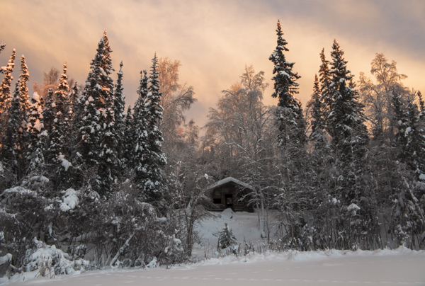 An old cabin at sunset just north of Fairbanks Alaska, Jan. 2, 2014